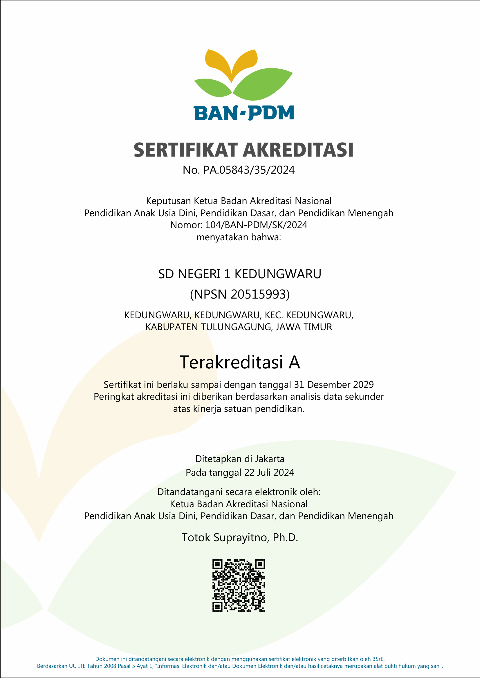 Sertifikat Akreditasi SD Negeri 1 Kedungwaru